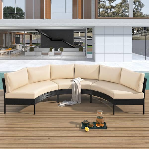 Unbranded 3-Piece All Weather Rattan Wicker Outdoor Sectional Set Curved Conversation Set with Beige Cushions