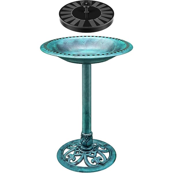 20 in. Dia Polyresin Round Green Birdbath Bowl with Solar Powered Fountain