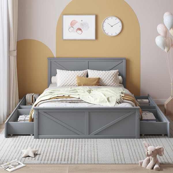 Qualler Gray Wood Frame Queen Size Platform Bed with 4 Drawers
