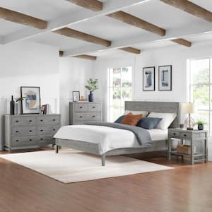 Arden 4-Piece Bedroom Set with King Bed, 2-Drawer Nightstand with open shelf, 5-Drawer Chest, 6-Drawer Dresser, Gray