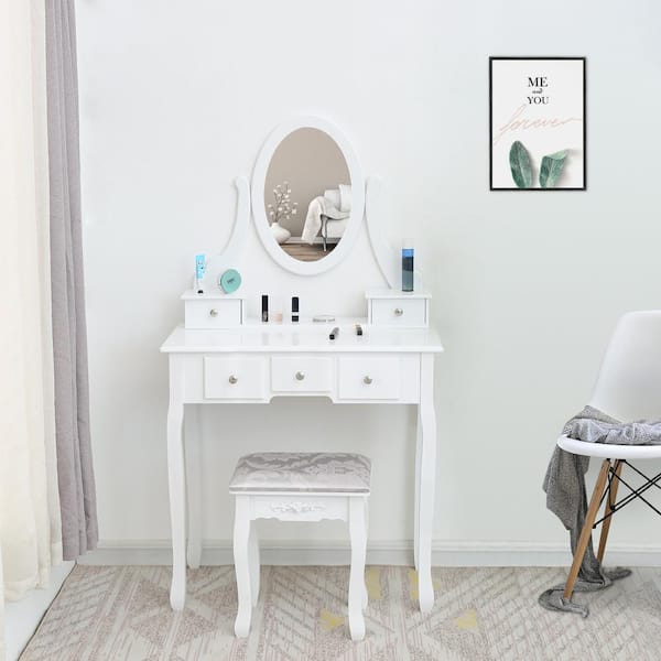 Nishano Dressing Table 5 Drawer Stool White Mirror Bedroom Makeup Desk Dresser 