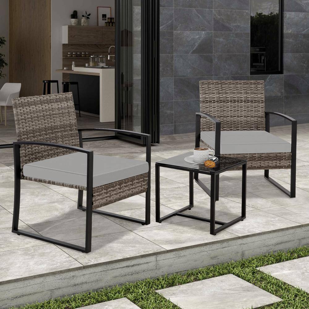 3-Piece Gray Wicker Patio Conversation Set with Coffee Table and Gray Cushi