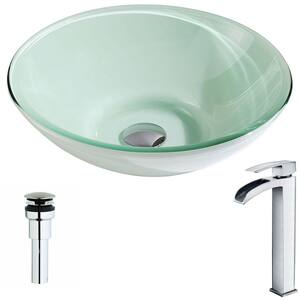 Sonata Series Deco-Glass Vessel Sink in Lustrous Light Green with Key Faucet in Polished Chrome
