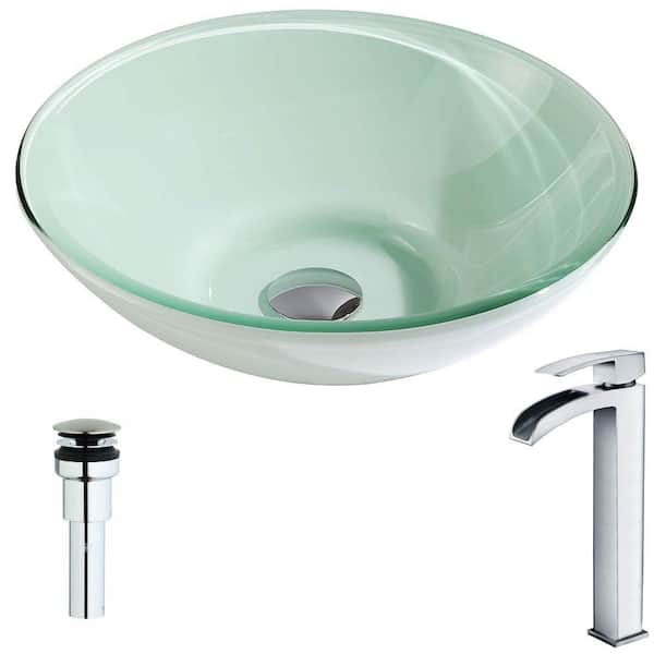 ANZZI Sonata Series Deco-Glass Vessel Sink in Lustrous Light Green with Key Faucet in Polished Chrome