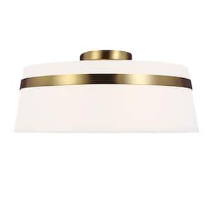 Symphony 15 in. 3-Light Aged Brass Semi-Flush Mount with White Fabric Shade