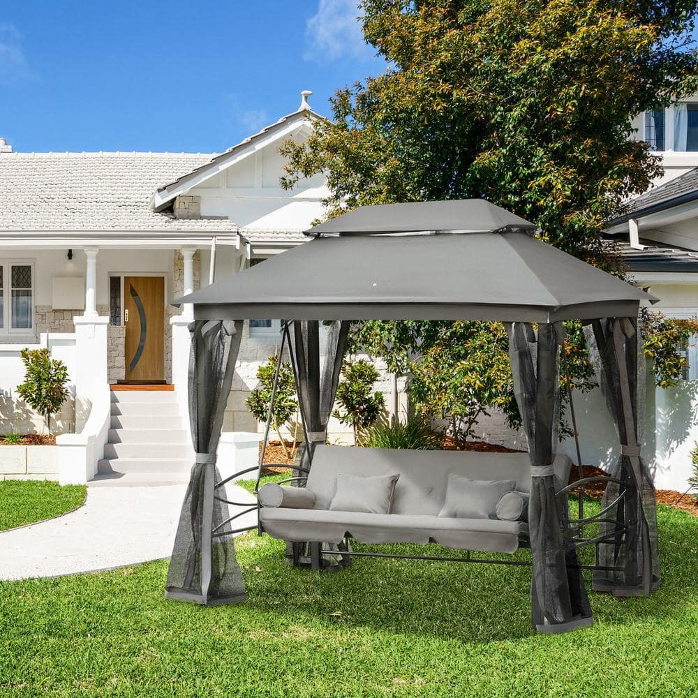 Gray Steel 3-Person Gazebo Swing Chair with Mesh Sidewalls