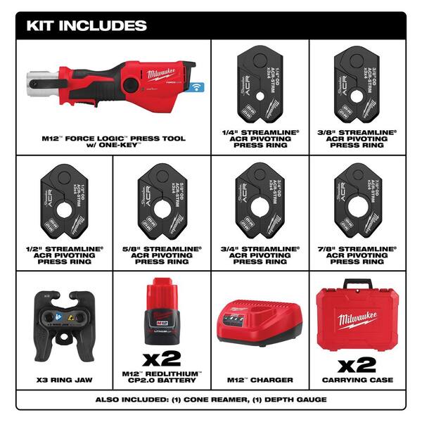 M12 12-Volt Lithium-Ion FORCE LOGIC Press Tool with ONE-KEY and 1/4 in. - 7/8 in. Streamline ACR Pivoting Ring Kit