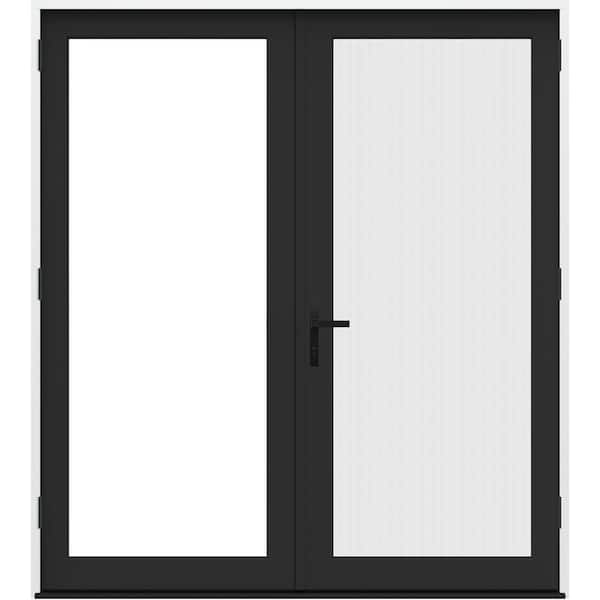 72 in. x 80 in. Left-Hand/Outswing Black/White Fiberglass French Patio Door w/ Sliding Screen and Black Handle