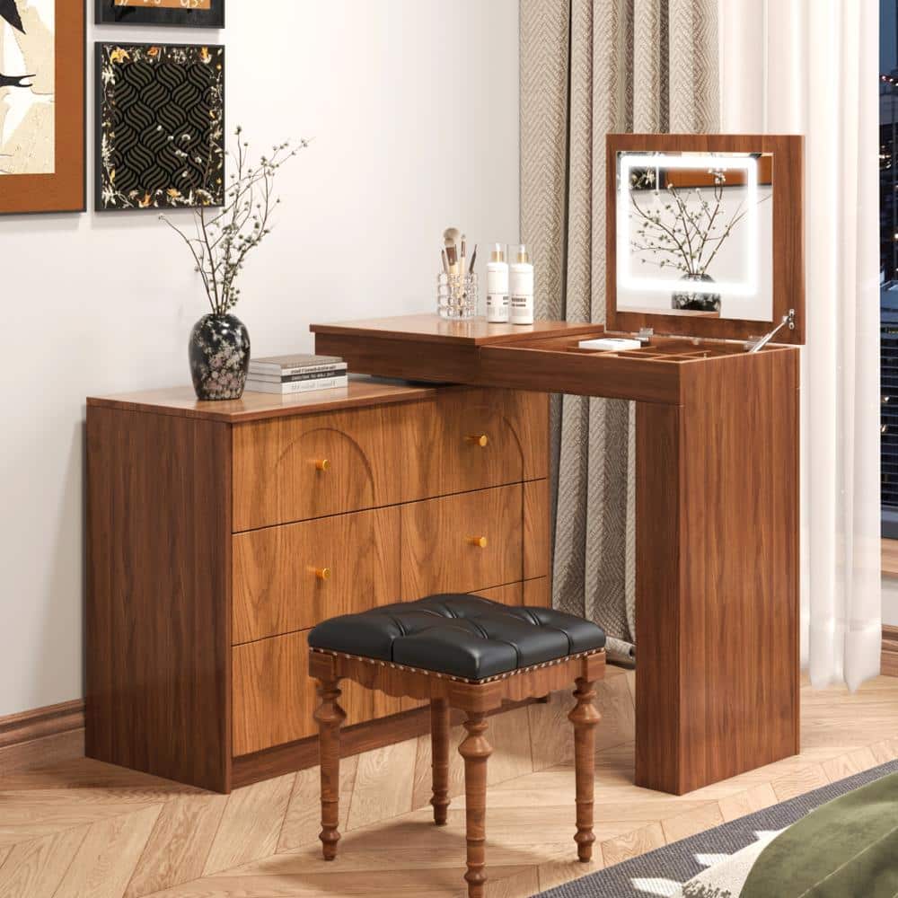 Walnut Makeup Vanity Desk with Flip-Top Tabletop, Mirror and Drawers