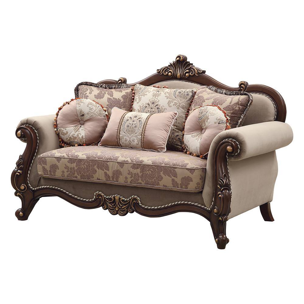 Beige Velvet Floral Rolled Arm Loveseat with Wood Frame