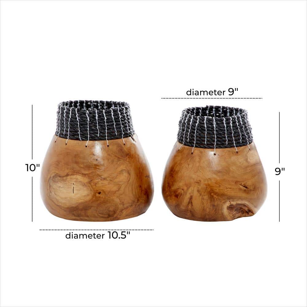 Handmade Teak Wood Vases with Black Seagrass Accents, Set of 2