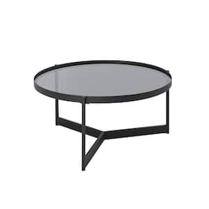 33 in. Smoked Glass/Black Metal Minimalist Round Tray-Top Coffee Table