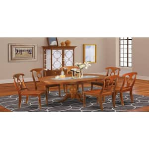 7-Piece Oval Saddle Brown Finish Solid Wood Top Dining Table with 6 Chairs with Lattice Back