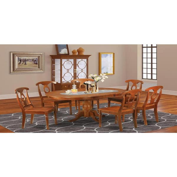 East West Furniture 7-Piece Oval Saddle Brown Finish Solid Wood Top Dining Table with 6 Chairs with Lattice Back