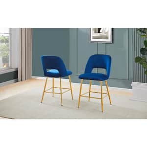 Xavi 24 in. Navy Blue High Back Metal Frame Counter Stool With Velvet Fabric And Gold Chrome Legs (Set of 2)
