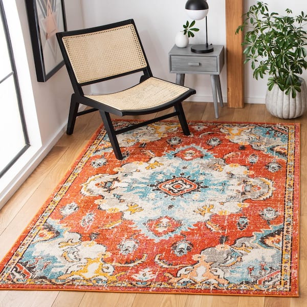 Madison Orange/Light Blue 8 ft. x 10 ft. Border Floral Oriental Area Rug