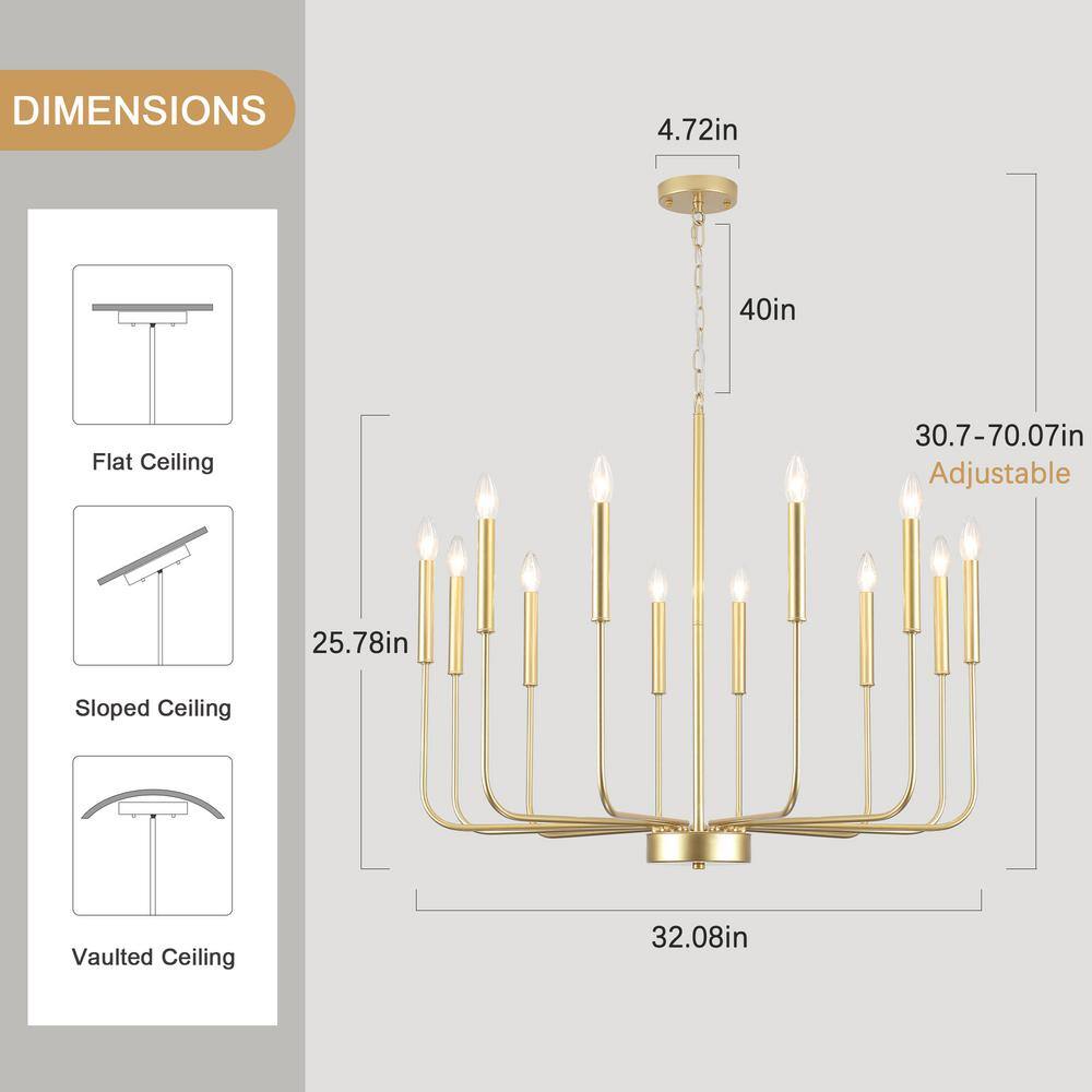 Gold 12-Light Linear Candle Metal Chandelier