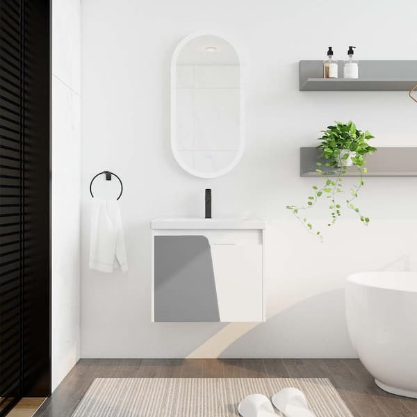 FUNKOL 24 in White Wall-Mounted Plywood Bathroom Vanity with White Ceramic Sink