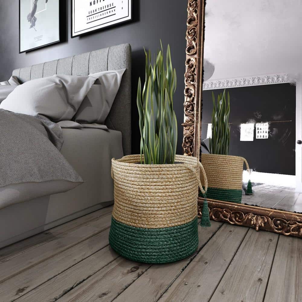 Handmade Round Tan and Green Jute Storage Basket with Loop Handles