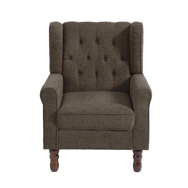 Modern Taupe Linen Upholstered Button High Back Accent Arm Chair With Wood Legs (Set of 1)