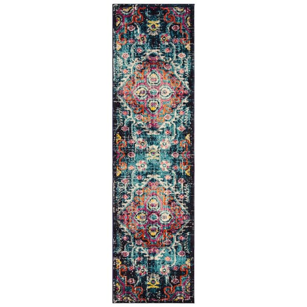 Monaco 2 ft. x 6 ft. Blue/Fuchsia Distressed Ornate Medallion Runner Rug