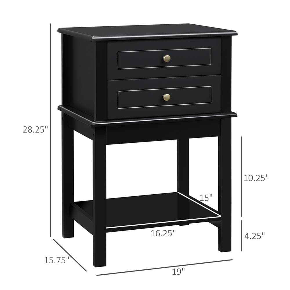 Modern Black Wood Side Table with Dual Storage Drawers and Shelf