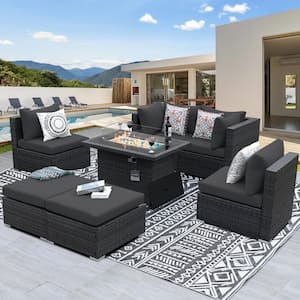 Gray 7 Piece Wicker Patio Conversation Set Deep Sectional Seating Set Charcoal Cushions with Ottoman and Firepit Table