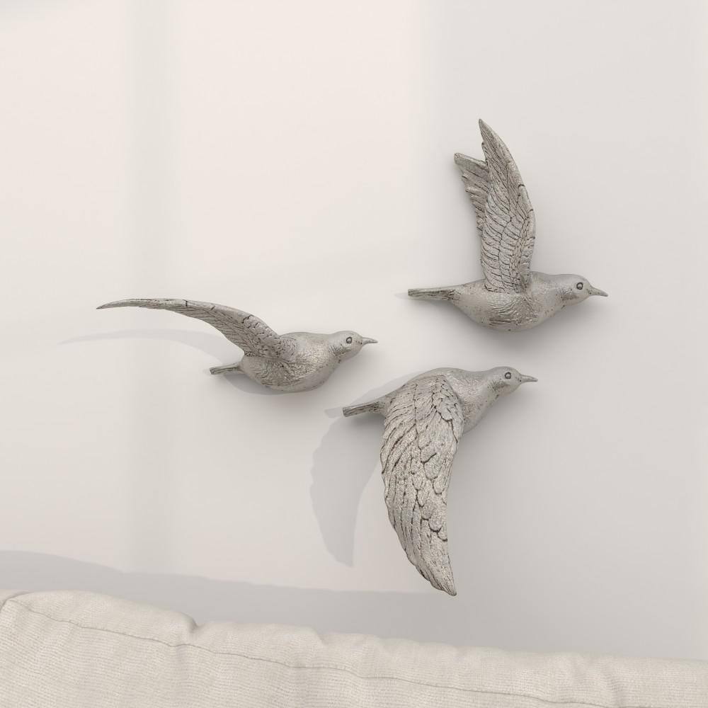 Silver Polystone Bird Wall Sculpture Set of 3