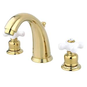 English Country 8 in. Widespread 2-Handle Bathroom Faucet with Plastic Pop-Up in Polished Brass