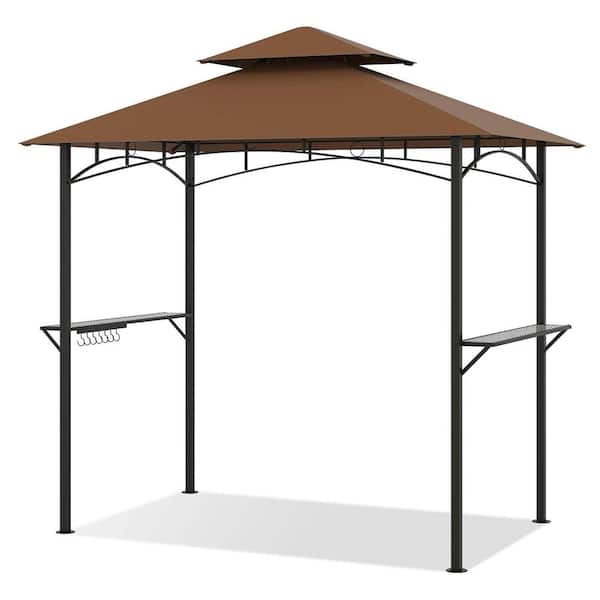 8 ft. x 5 ft. Brown Grill Gazebo with 2 Shelves 7 Hooks Metal Frame Soft Top