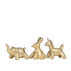 Gold Ceramic Balloon Animal Inspired Elephant, Bunny, Unicorn Sculpture (Set of 3)
