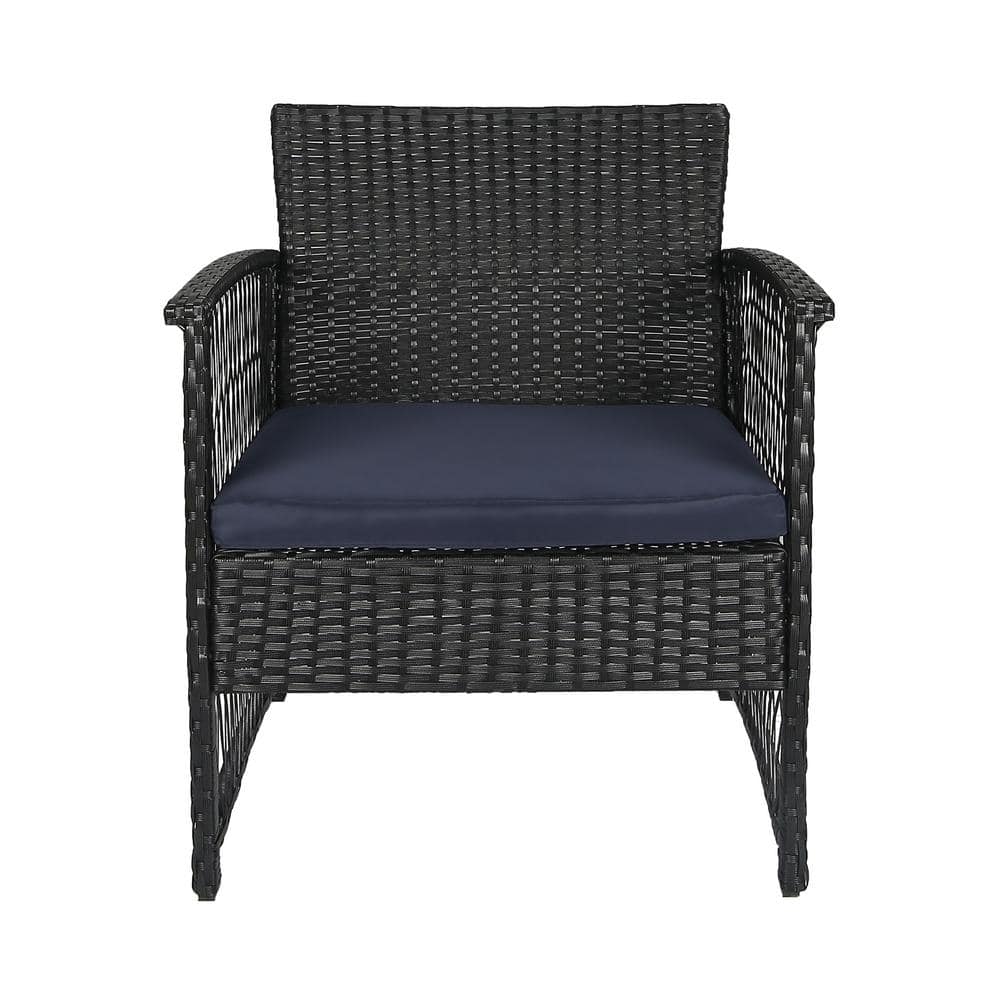 Black Woven Rattan 3-Piece Outdoor Seating Set with Navy Cushions