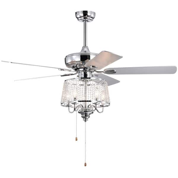 HKMGT Modern 52 in. Indoor Chrome Ceiling Fan with Hand Pull Chain, 2-Color-Option Blades and Crystal Lampshade Included