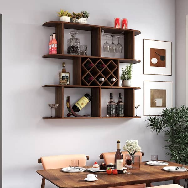 47.24 in. W x 9.06 in. D 3-Tier Walnut Wooden Multifunctional Decorative Wall Shelf, Wine Rack Shelf with Glass Holder