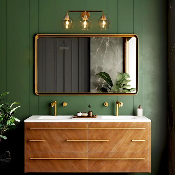 Mid-Century Modern Geometric Vanity Light 24.4 in. 3-Light Brass Gold Wall Light with Clear Glass Shades