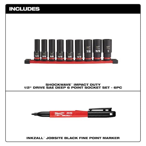 SHOCKWAVE Impact Duty 1/2 in. Drive SAE Deep Well Impact Socket Set (9-Piece) & INKZALL Black Jobsite Permanent Marker