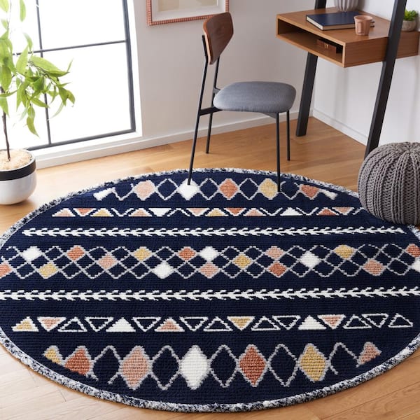Marrakesh Navy/Multi 7 ft. x 7 ft. Round Geometric Striped Area Rug