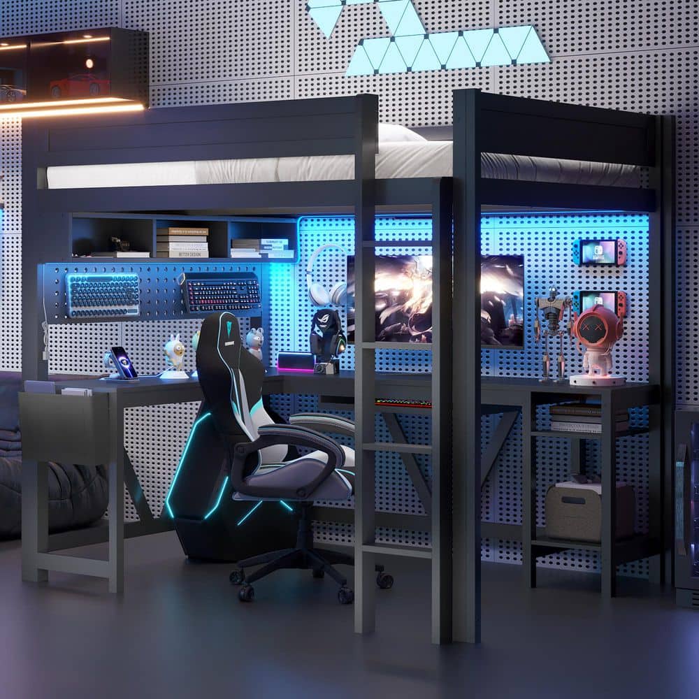 Black Full Size Wood Gaming Loft Bed with L-Shaped Desk, Storage Shelves, LED Light and Charging Station