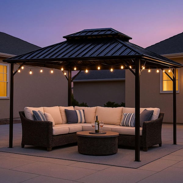 10 ft. x 10 ft. Black Aluminum Hardtop Gazebo with Galvanized Steel Double Roof for Patio, Backyard, and Outdoor Living