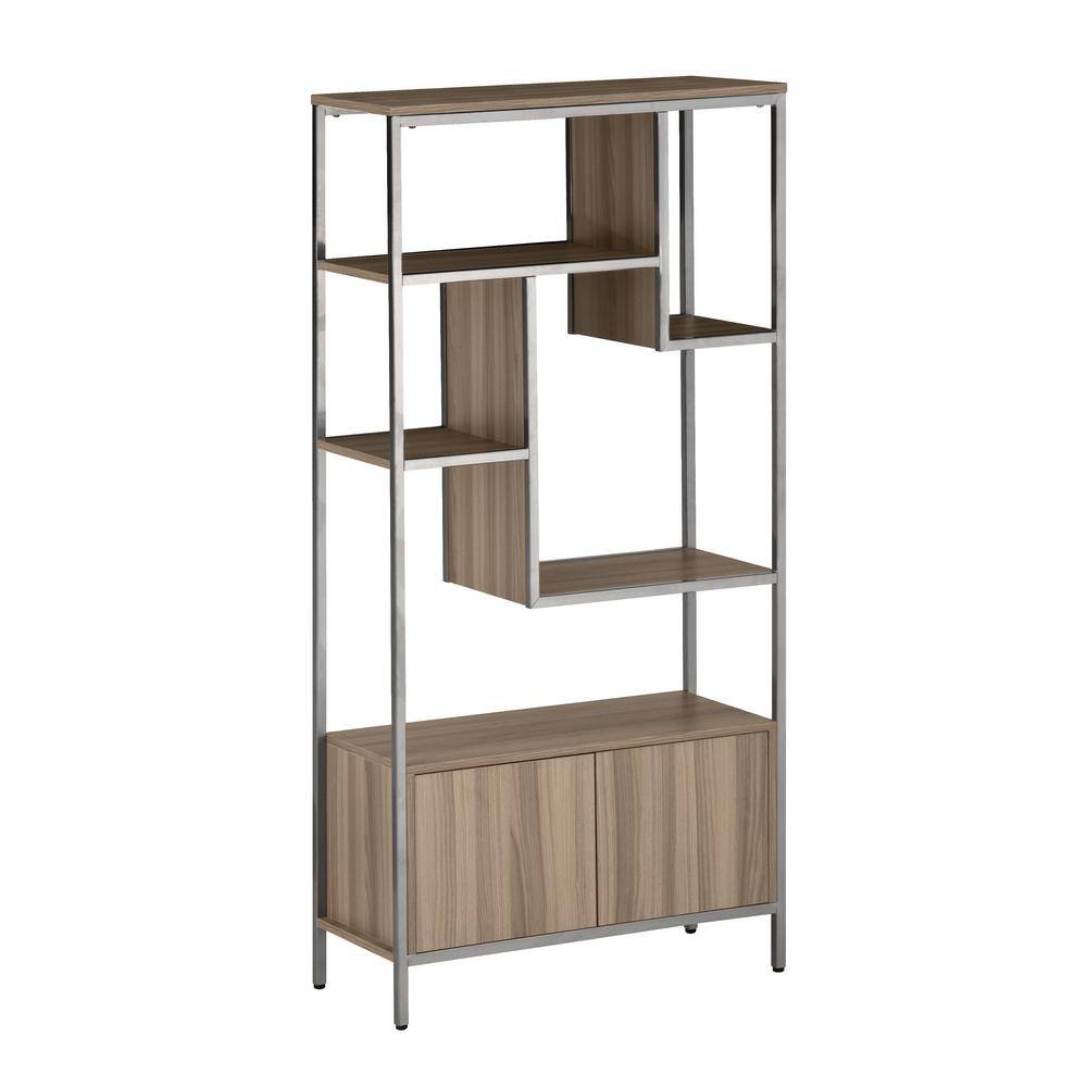 Oak and Silver Adjustable Bookcase with Doors