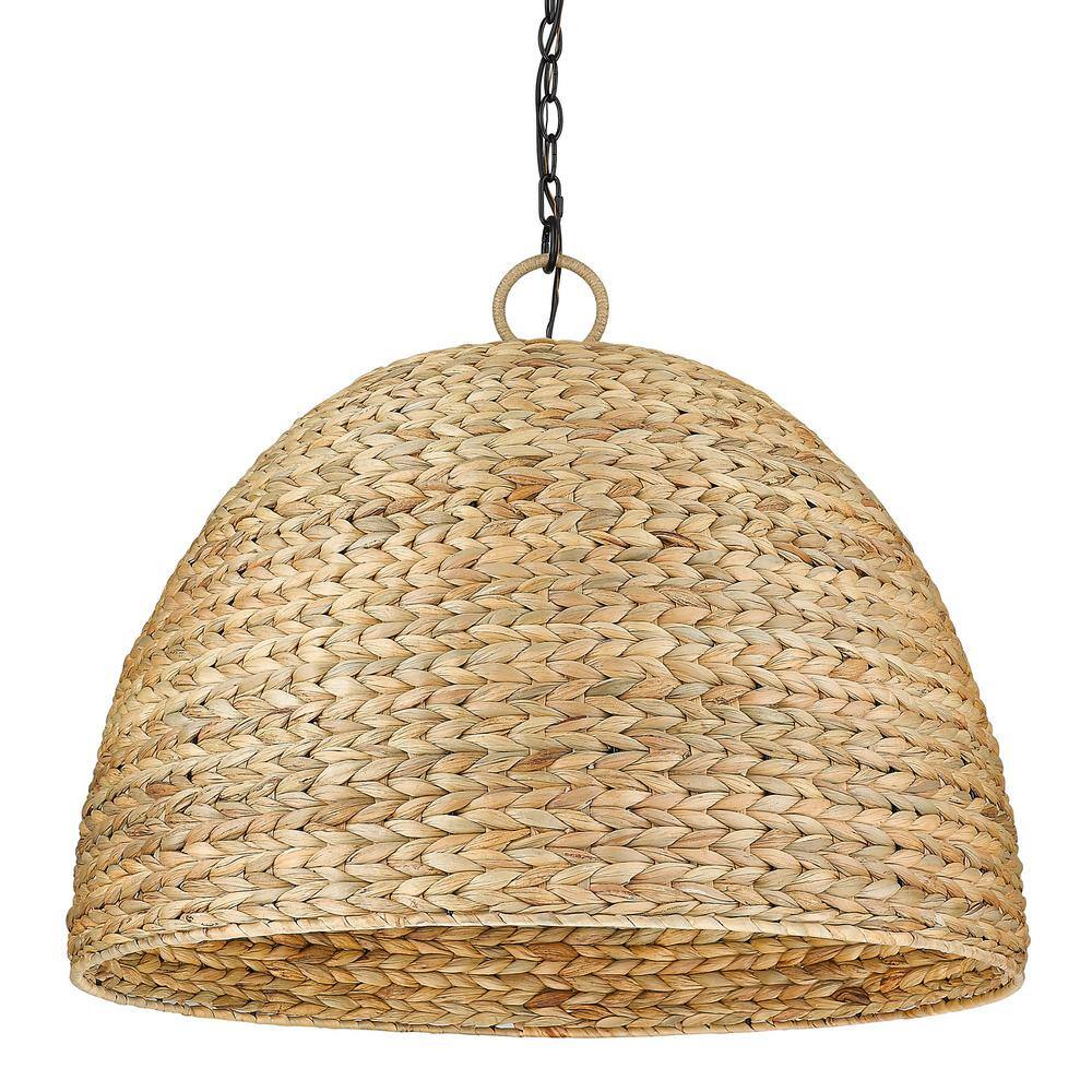 Matte Black and Woven Sweet Grass Dome Pendant Light