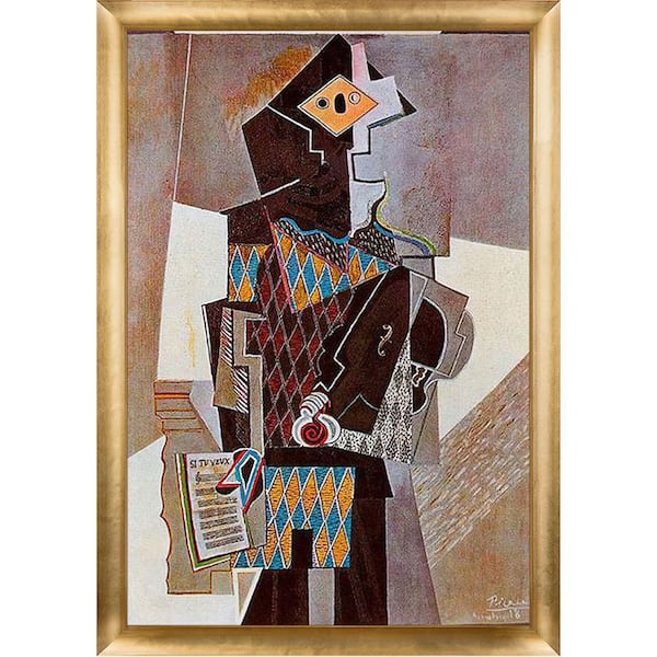 LA PASTICHE Harlequin with Violin by Pablo Picasso Gold Luminoso Framed Abstract Oil Painting Art Print 27 in. x 39 in.