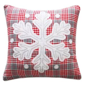 Winterland Grey Red White Plaid with Large Embroidered Snowflake 18 in. x 18 in. Throw Pillow