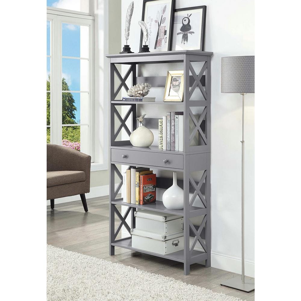 Gray Wood 5-Tier Bookcase with Drawer