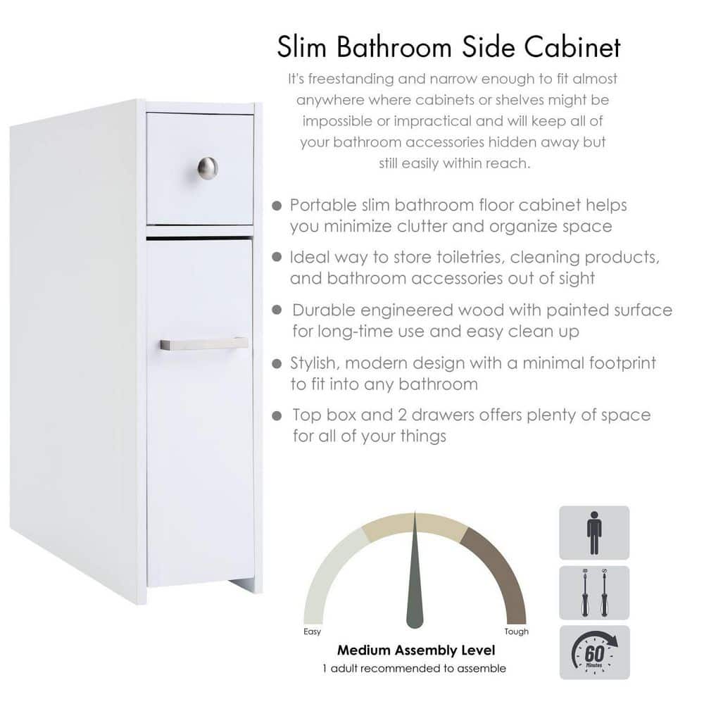 White Slim Bathroom Storage Cabinet with Slide Out Drawer