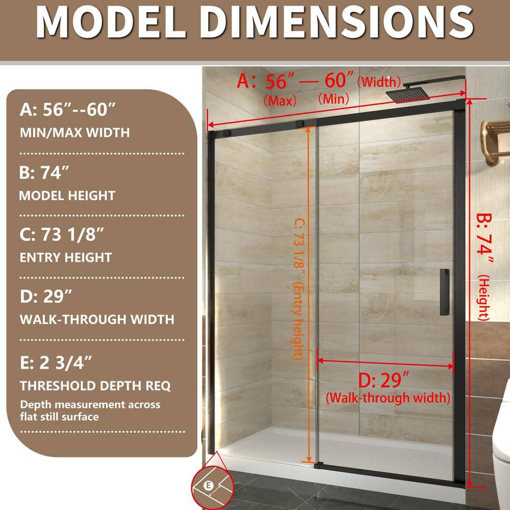 60 in. Matte Black Frameless Sliding Glass Shower Door