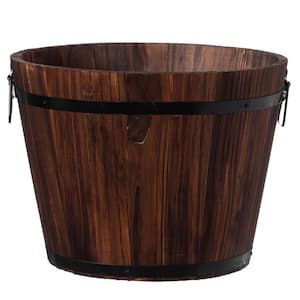 Rustic Wooden Whiskey Barrel Planter with Durable Medal Handles and Drainage Hole - Medium