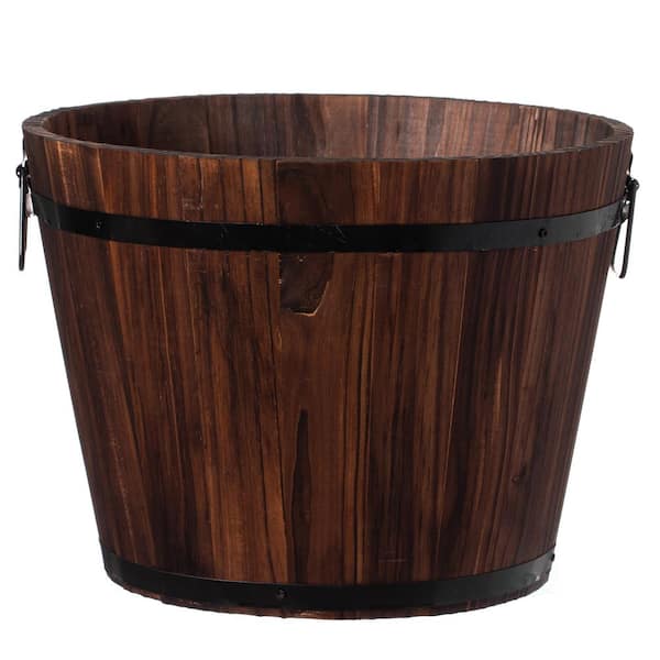 Gardenised Rustic Wooden Whiskey Barrel Planter with Durable Medal Handles and Drainage Hole - Medium
