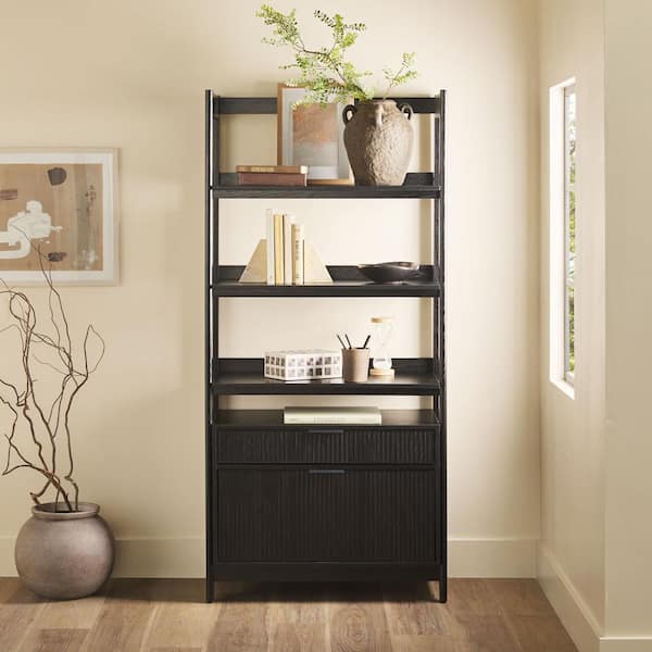 Walker Edison Furniture Company Modern 70 in. Tall Black Wood 4-Shelf Bookcase with Reeded Drawer Fronts and Open Back