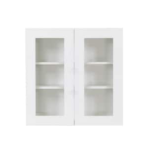 Lancaster White Plywood Shaker Stock Assembled Wall Glass Door Kitchen Cabinet 27 in. W x 30 in. H x 12 in. D